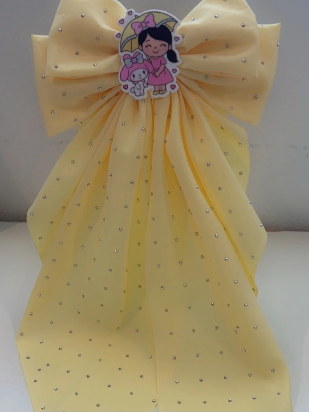 Yellow Sparkle Bow Hair Clip with Cute Character Accent - Kids